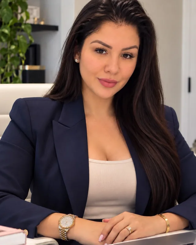 Yadetsy Morales, owner of Yadetsy Consulting Inc: long dark hair, navy blazer, seated at a desk with a laptop